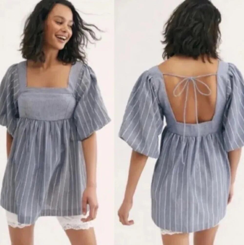 Free People Gigi Puff Sleeve Tunic Top Striped Blue babydoll Medium